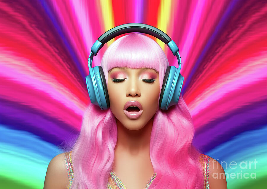 Music Digital Art - A digitally rendered woman with vibrant pink hair appears to be enjoying music by Odon Czintos