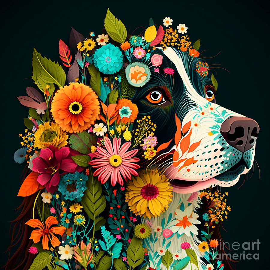 A dog and flowers 2 Mixed Media by Binka Kirova