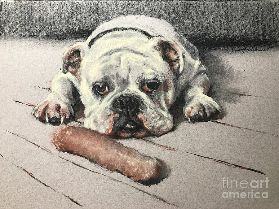 A dog and His Bone Pastel by Jean Hildebrant