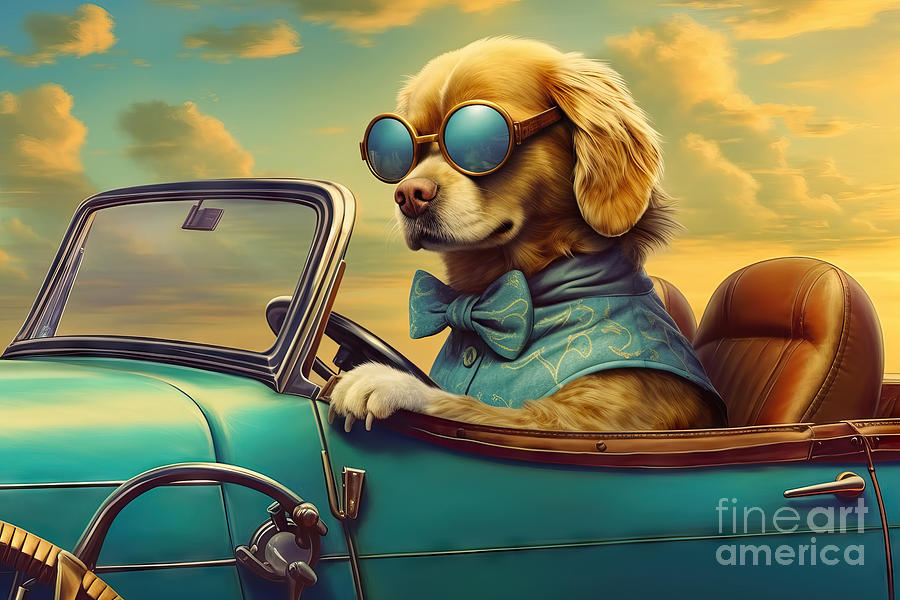 Summer Painting - A dog driving a car in glasses, by N Akkash