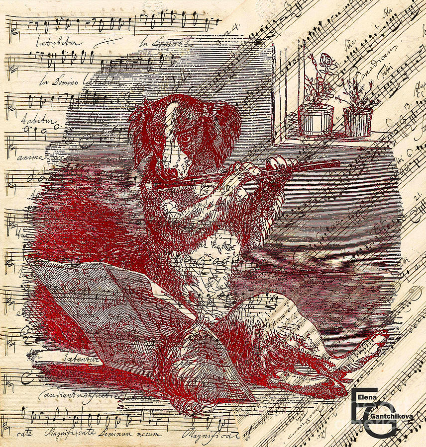 A dog playing the flute in front of a music score. Mixed Media by Elena Gantchikova