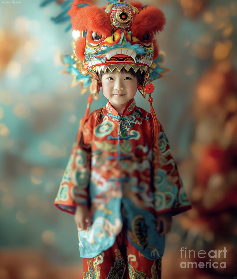 A doll resembling a cute boy with an Asian face, dressed in a vibrant Chinese dragon costume. Photograph by Joaquin Corbalan