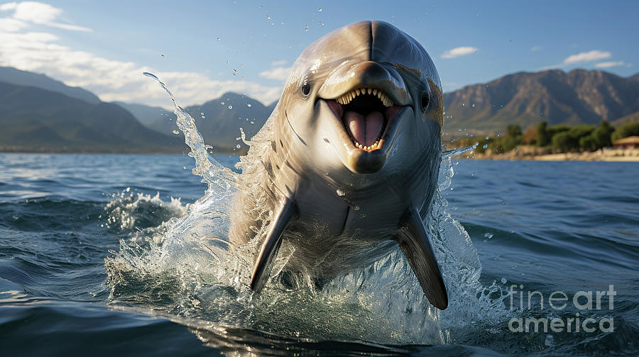 A dolphin jumps out of the sea water. Digital Art by Odon Czintos