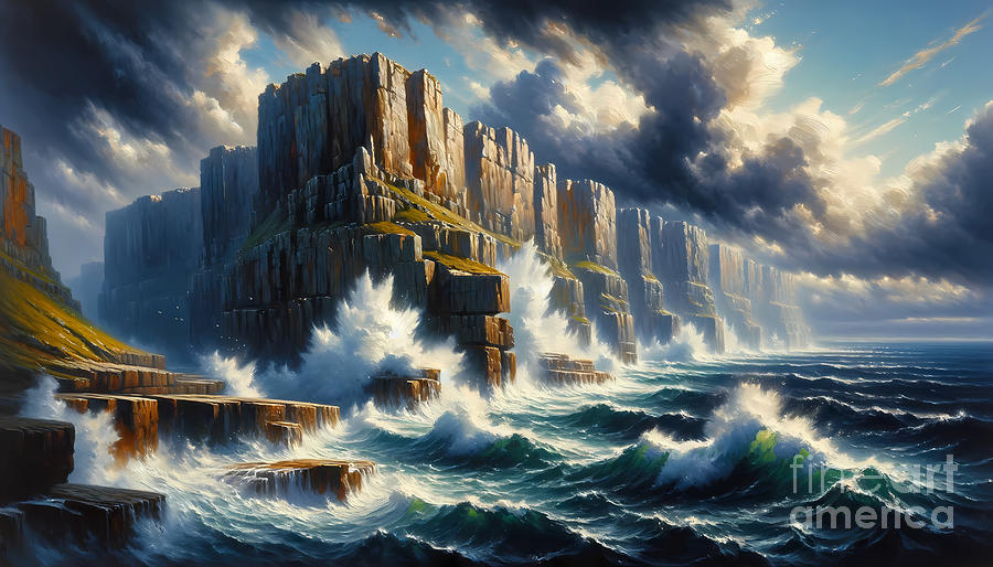 Cliffside Painting - A dramatic cliffside coastal view with waves crashing against the rocks by Jeff Creation