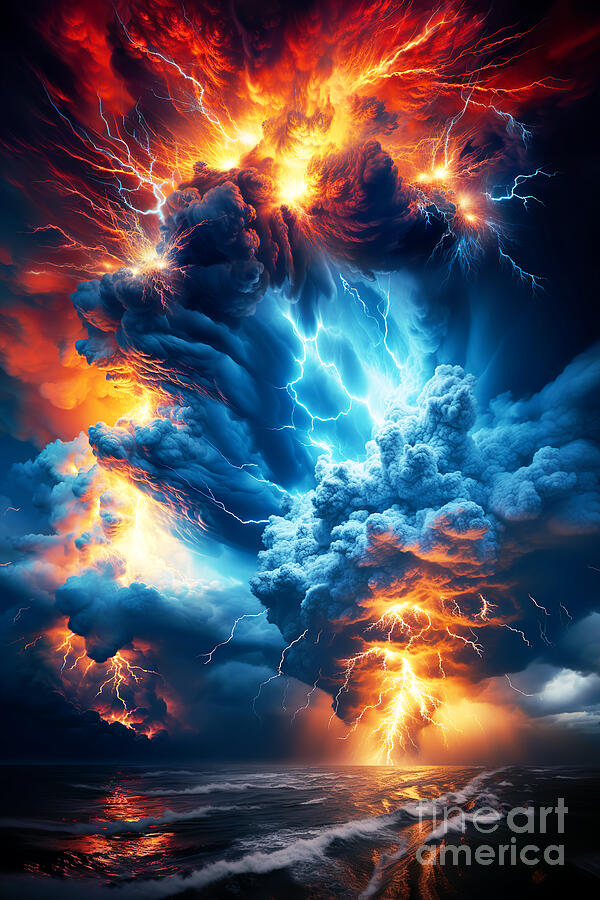 Nature Digital Art - A dramatic scene unfolds with vibrant orange clouds swirling amidst powerful blue lightning strikes by Odon Czintos