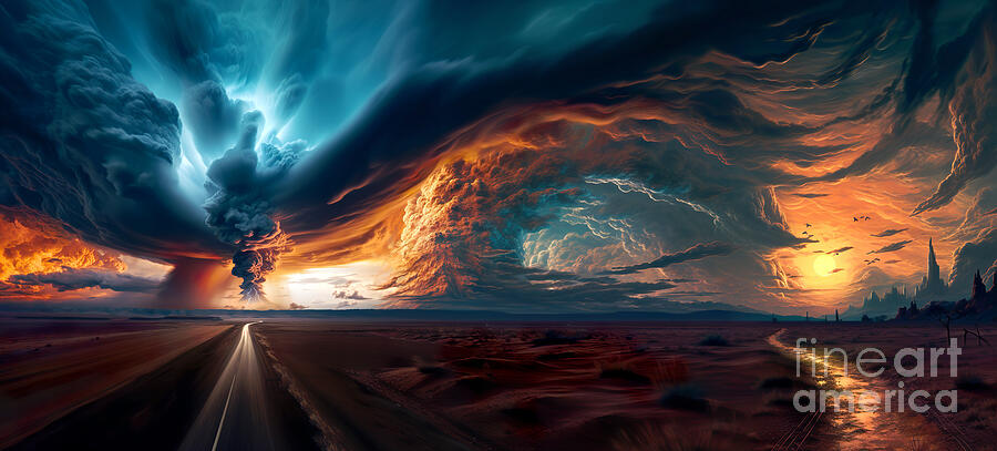 Sky Digital Art - A dramatic sky with swirling clouds in striking blue and orange hues dominates the scene  by Odon Czintos