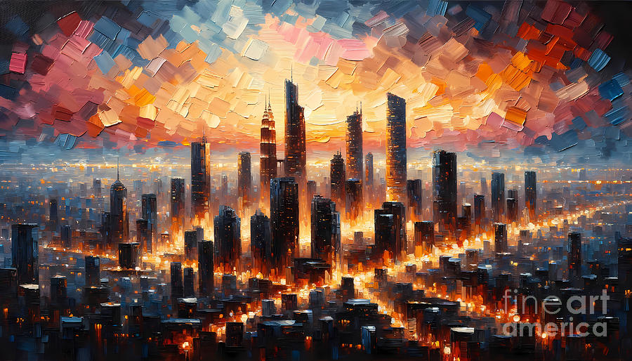 Skyscraper Painting - A dramatic skyline of a modern metropolis from a high vantage point by Jeff Creation