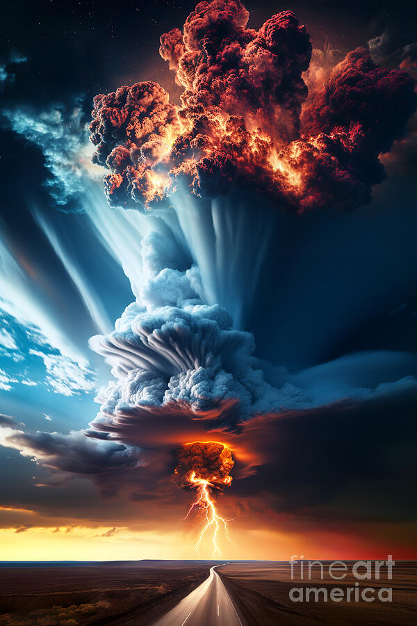 Sunset Digital Art - A dramatic volcanic eruption lights up the sky with a towering column of smoke and ash by Odon Czintos