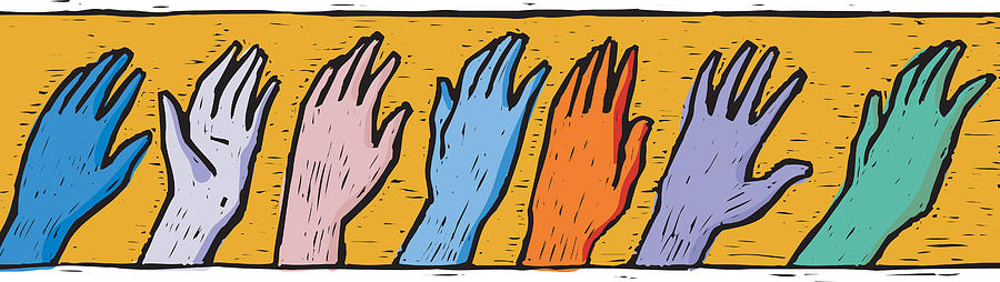 A drawing of a row of different hands Drawing by Jeff DeWeerd