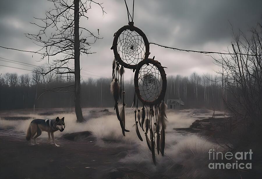 Wolves Digital Art - A dreamcatcher in nature with a wolf in the background. by Rene Mitterlehner