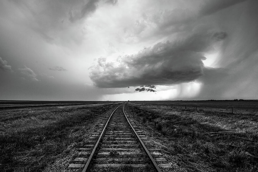A Dreamers Journey - Storm Over Railroad Tracks In Kansas In Black And White Photograph