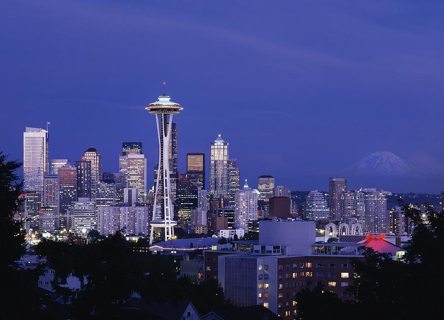 A Dusk View of the Seattle Skyline Painting by Les Classics - Fine Art