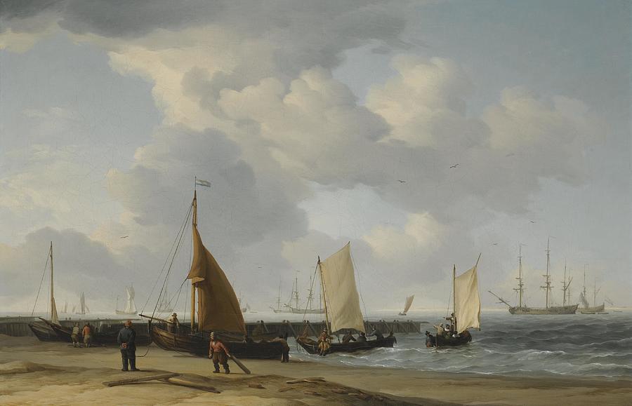 A Dutch Beach Scene with a Man-of-War in the Distance Painting by ...