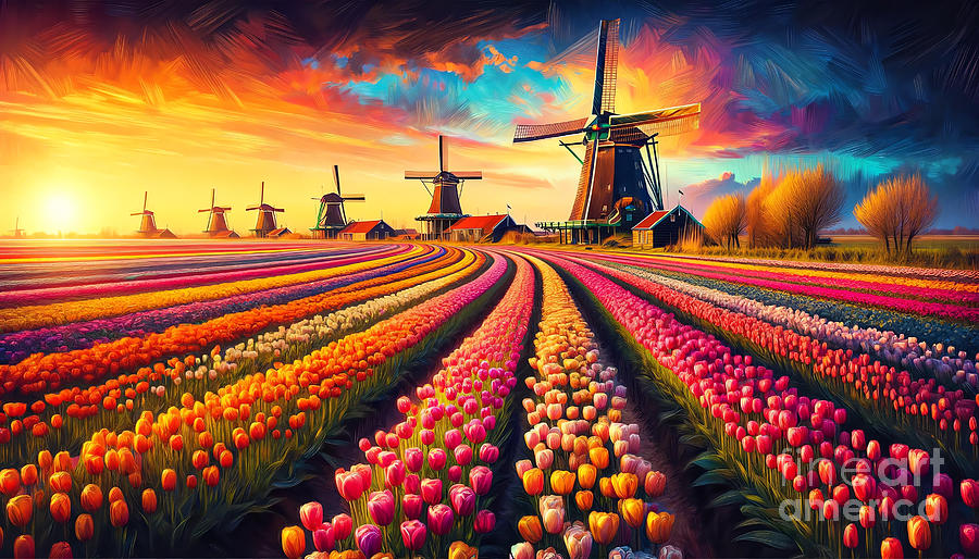 Tulip Painting - A Dutch tulip field, with windmills and a vibrant sunset sky. by Jeff Creation