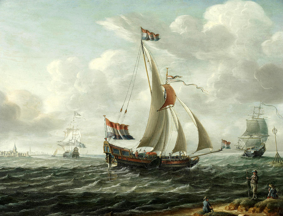 A Dutch yacht and other shipping off a coast Painting by Pieter Lofvers