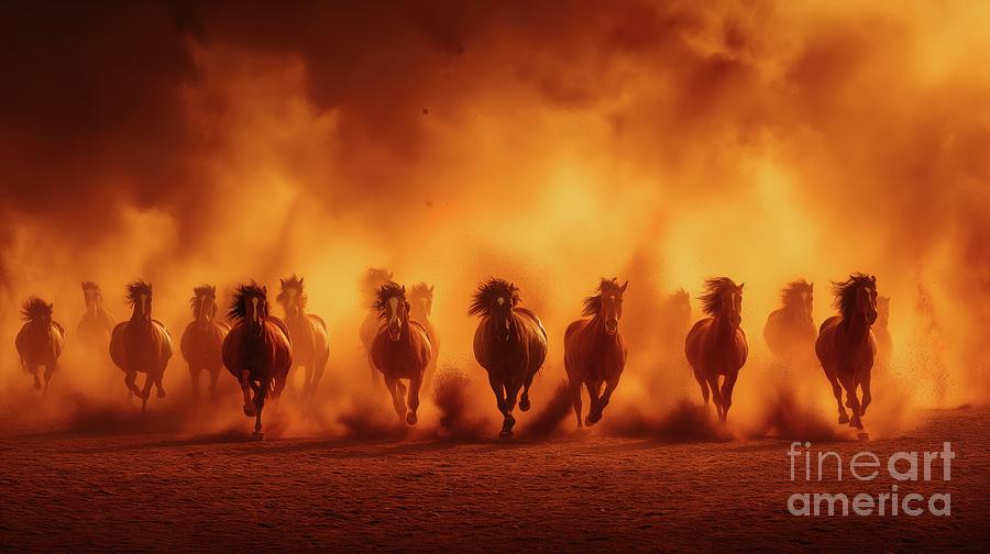 A dynamic image capturing a group of horses galloping with urgency in front of a raging fire. Photograph by Joaquin Corbalan