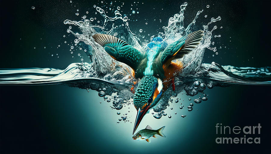 A dynamic kingfisher dives into water with a splash Digital Art by Odon Czintos