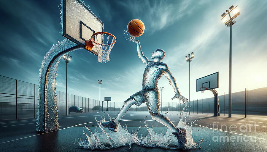 A dynamic sculpture of a basketball player made of water. Digital Art by Odon Czintos