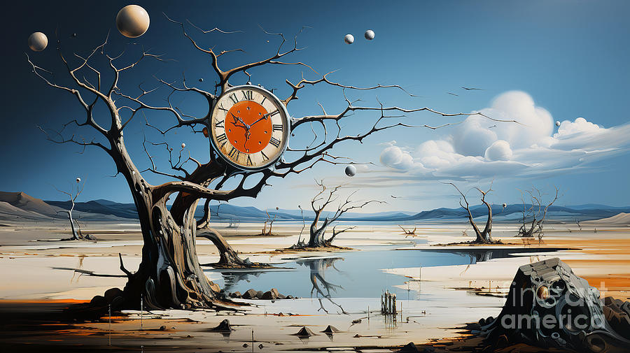 A dystopian landscape with a tree featuring a large clock. Digital Art by Odon Czintos