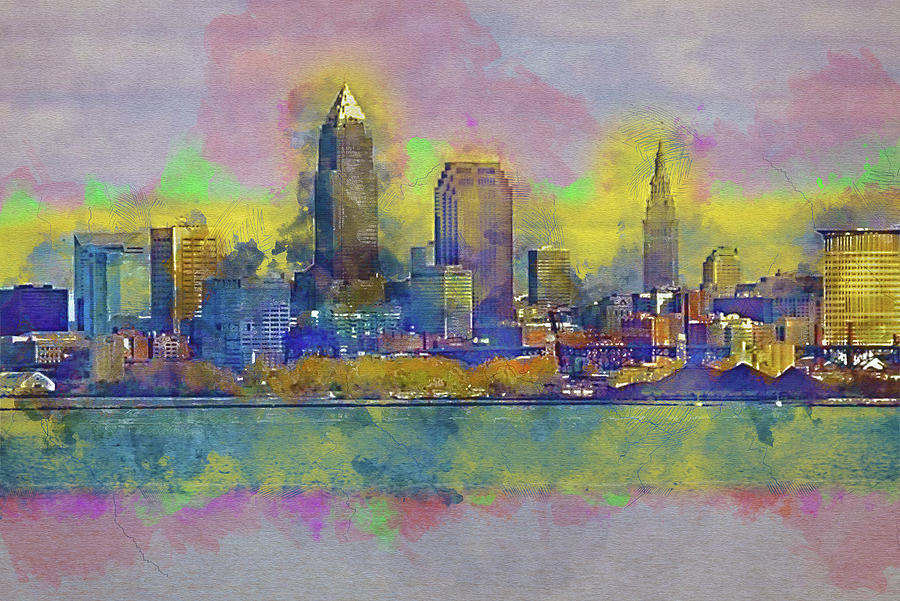 A Fall Sunset on the City of Cleveland Mixed Media by Pheasant Run Gallery