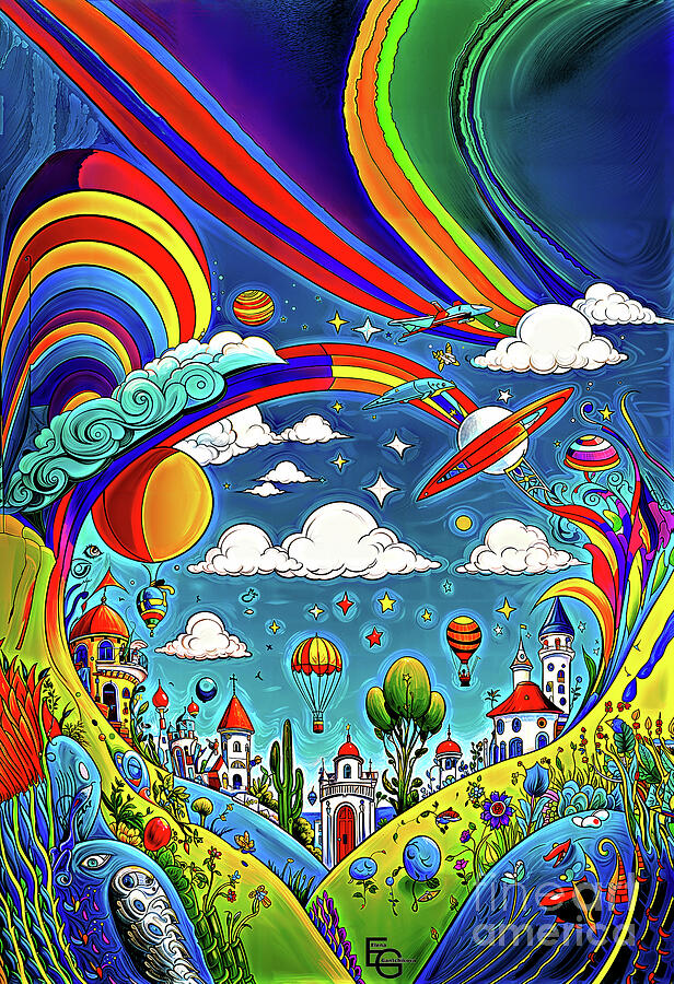 A fantastical landscape bursts with vibrant colors, showcasing whimsical elements Painting by Elena Gantchikova A fantastical landscape bursts with vibrant colors, showcasing whimsical elements Painting by Elena Gantchikova