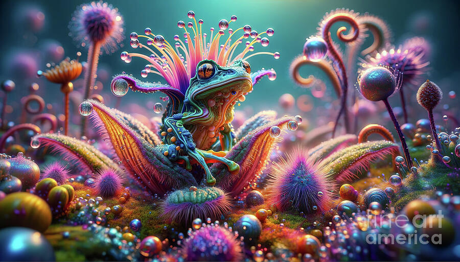 A fantastical, vibrant frog sits amidst a magical ecosystem of glistening Digital Art by Odon Czintos