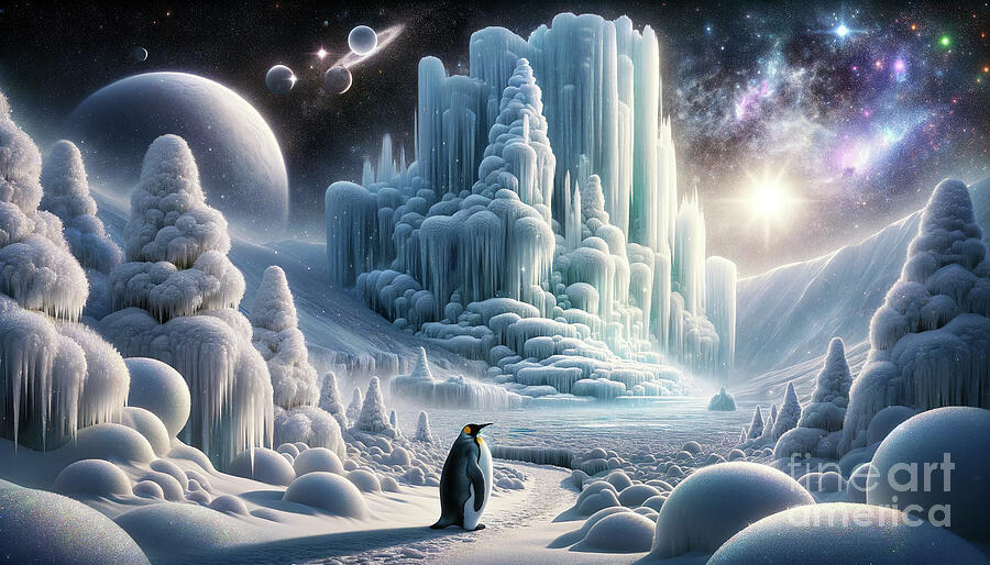 A fantastical winter landscape with a penguin, icy formations Digital Art by Odon Czintos