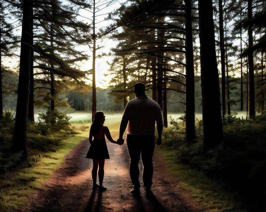 A Father And Daughter Walkin Out Of The Woods Digital Art by Flees Photos