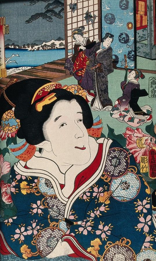 A female role actor with a scene of modern dress Genji behind. Colour woodcut by Kunisada, 1852 Painting by Artistic Rifki