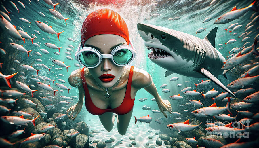 A female swimmer in a red cap and goggles Digital Art by Odon Czintos