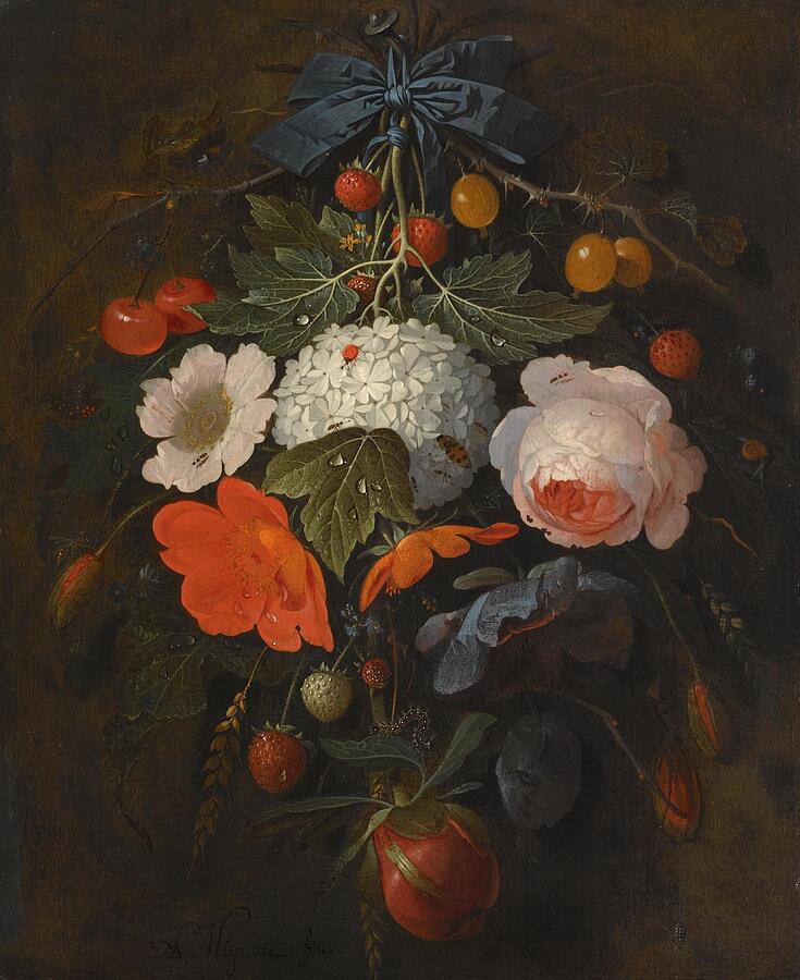 Still Life Painting - A Festoon Of Flowers And Fruit Including A Pink Rose A Poppy A Snowball Gooseberries And Fraises De  by Abraham Mignon German