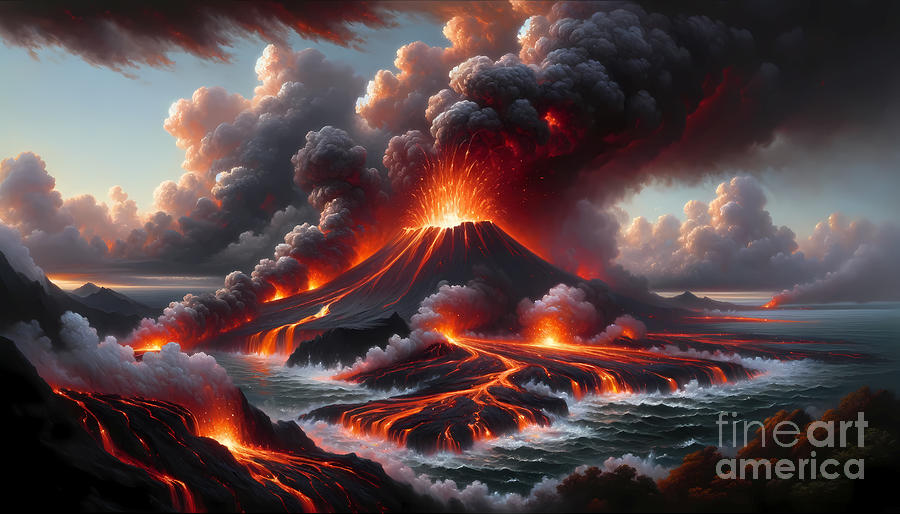 Nature Painting - A fiery volcano erupting on a remote island with lava flowing into the sea by Jeff Creation