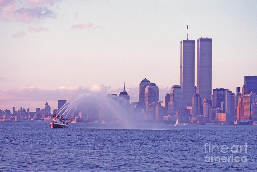 A Fireboat Water Display In Front Of Twin Towers Of The World Financial Center. 1997 Photograph by Tom Wurl
