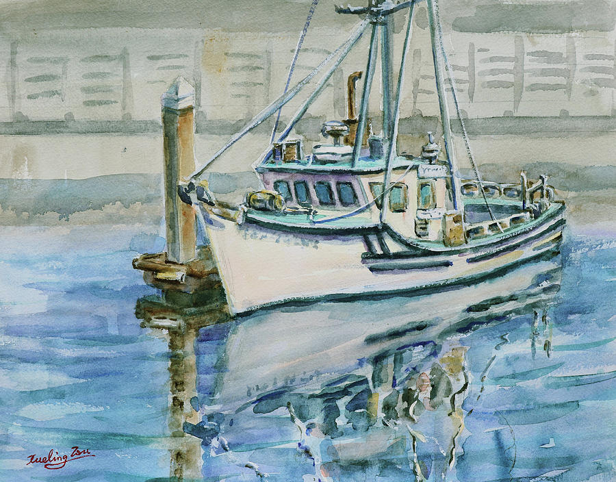 A Fishing Boat at Johnson Pier Half Moon Bay California Painting by Xueling Zou