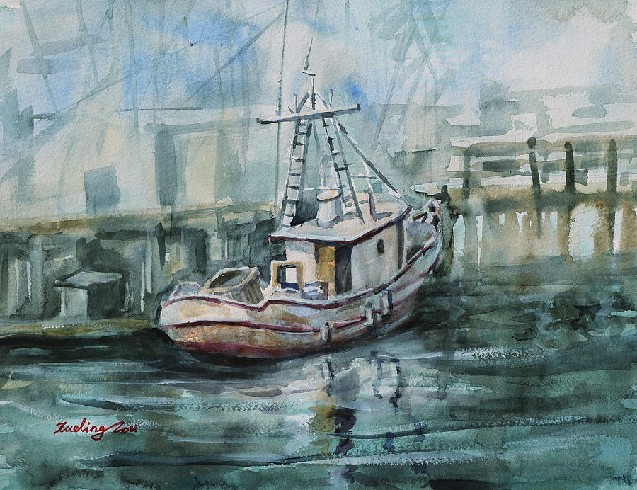 A Fishing Boat at Pillar Point Harbor Half Moon Bay California Painting by Xueling Zou