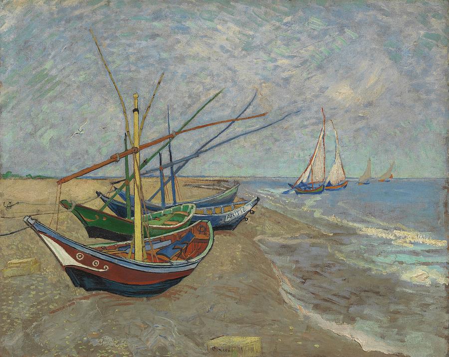 A Fishing Boat on the Beach at Les Saintes Maries de la Mer  by   Vincent Van Gogh Painting by MotionAge Designs
