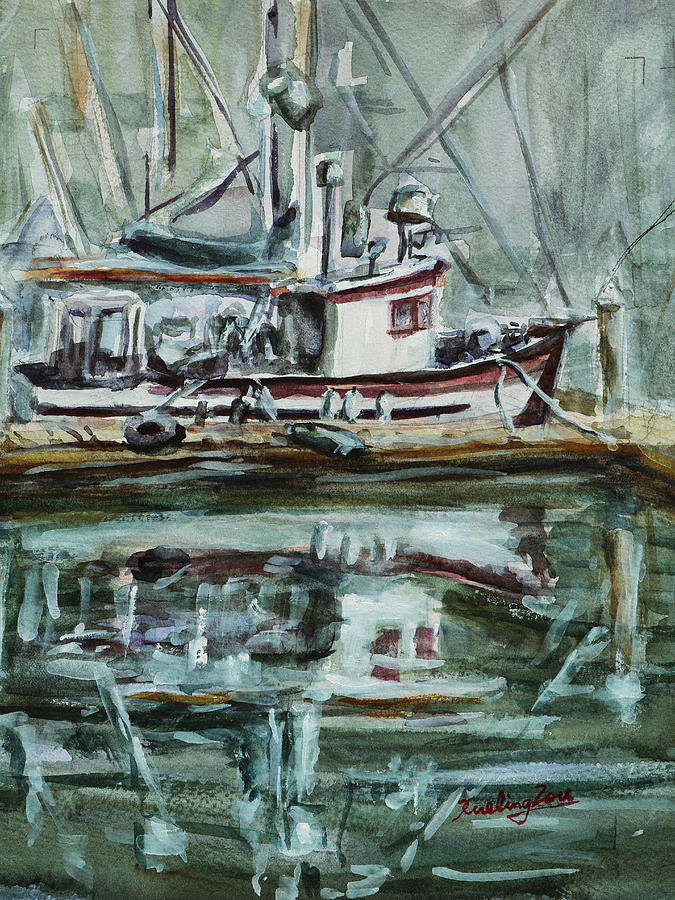 A Fishing Boat with Reflection at Moss Landing California Painting by Xueling Zou