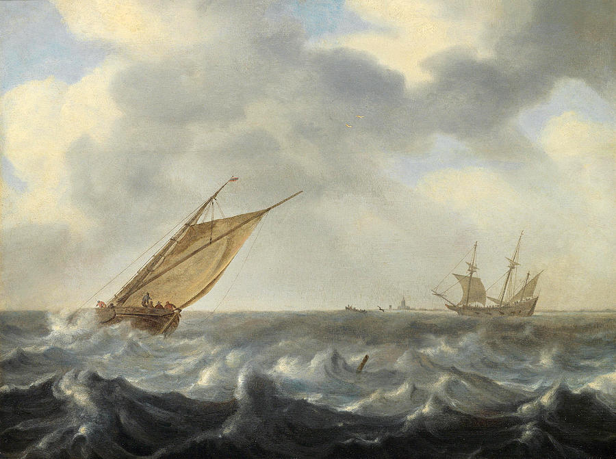 A fishing cutter and a two-master in choppy seas near a coast Painting by Arnoldus van Anthonissen