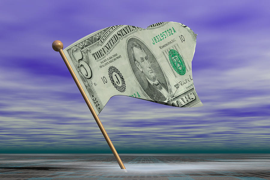 A Five Dollar Bill Flag With Torn Edges Waves Against A Purple Sky Background Photograph by Rubberball/Clark Dunbar