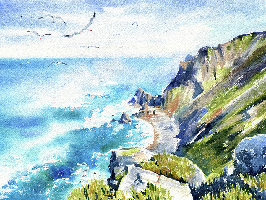 A Flock Of Seagulls At Cabo Da Roca Portugal Painting by Dora Hathazi Mendes