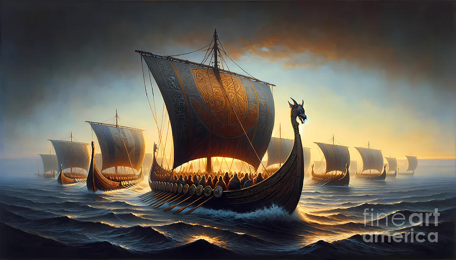 Nature Painting - A flotilla of Viking ships setting sail at dawn, with runic carvings and dragon heads. by Jeff Creation