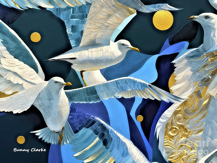 Impressionism Digital Art - A Flurry of Gulls by Bunny Clarke