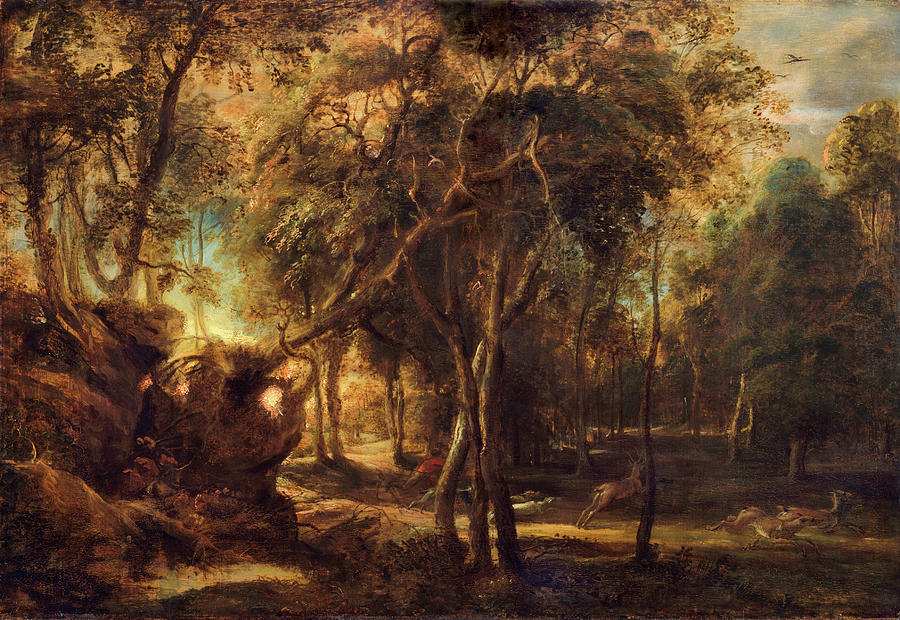 A Forest at Dawn With a Deer Hunt                                             Painting by Peter Paul Rubens