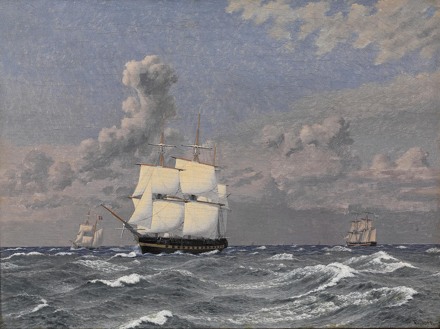 A Frigate and some other Ships Cruising Painting by Christoffer Wilhelm Eckersberg
