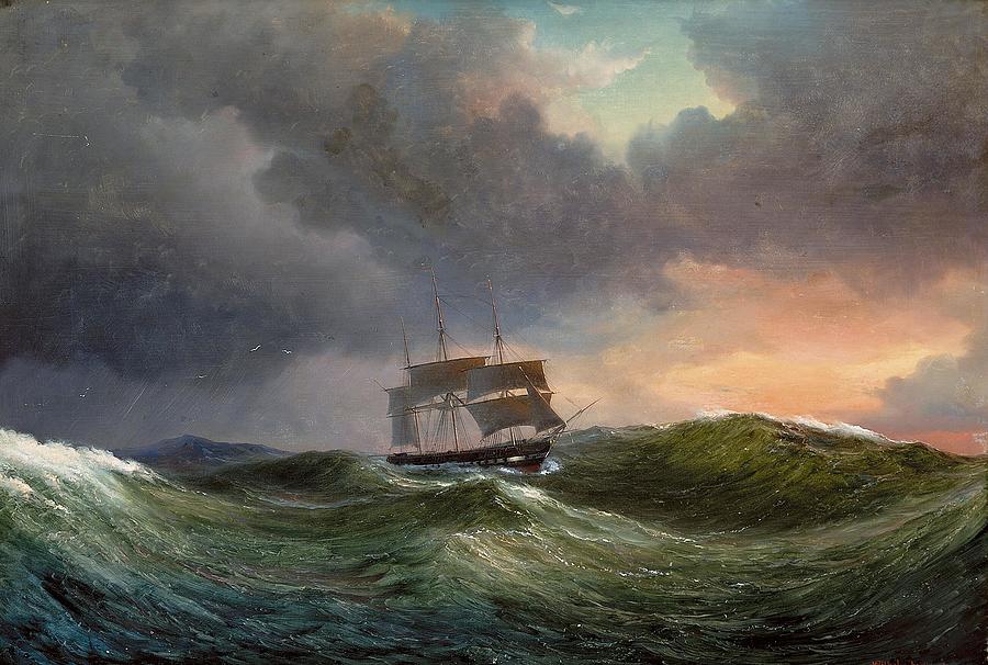 A frigate in rough weather at sunset Dansk Tremaster i hoj so ved ...