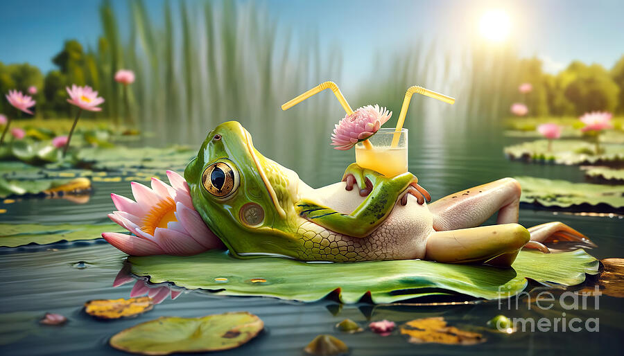  A frog lounging on a lily pad with a glass of juice, using a smaller lily pad as a float. Digital Art by Odon Czintos
