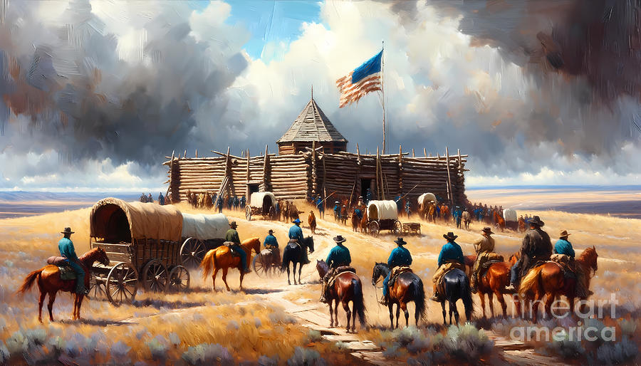 Nature Painting - A frontier fort on the American Plains, with cavalry and pioneers. by Jeff Creation