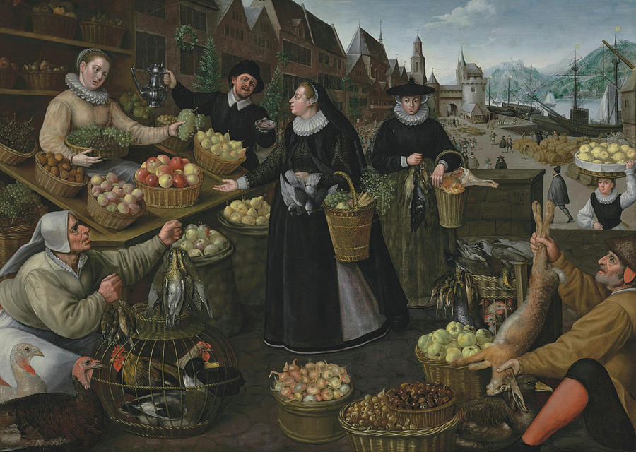 A Fruit and Vegetable Stall Above the Weinmarkt in Frankfurt Painting by Lucas van Valckenborch