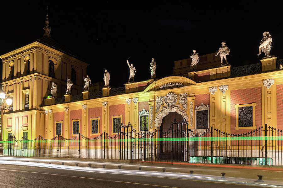 A Gallery of Distinguished Sevillians - Illuminated Palacio de San Telmo - Saint Telmo Palace Photograph by Georgia Mizuleva