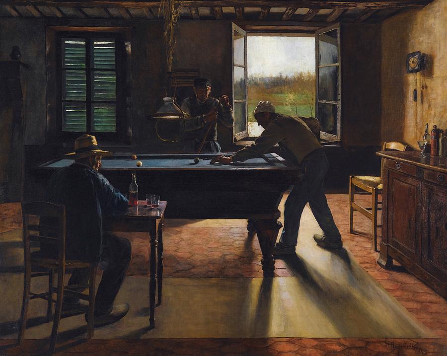 Men Painting - A Game of Billiards by William Henry Metcalf